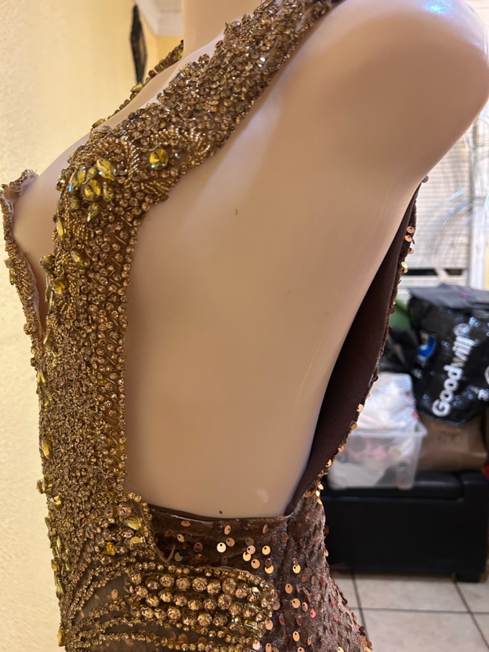 Backless Brown Sequin Evening Gown with Gold Embellishment - Picture 13 of 15